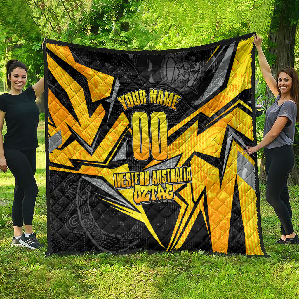 Personalised Western Australia Oztag Swan Quilt Black Gold Geometric Swan Aboriginal