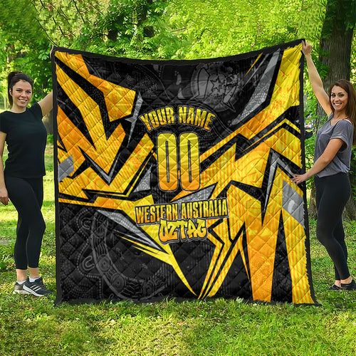 Personalised Western Australia Oztag Swan Quilt Black Gold Geometric Swan Aboriginal