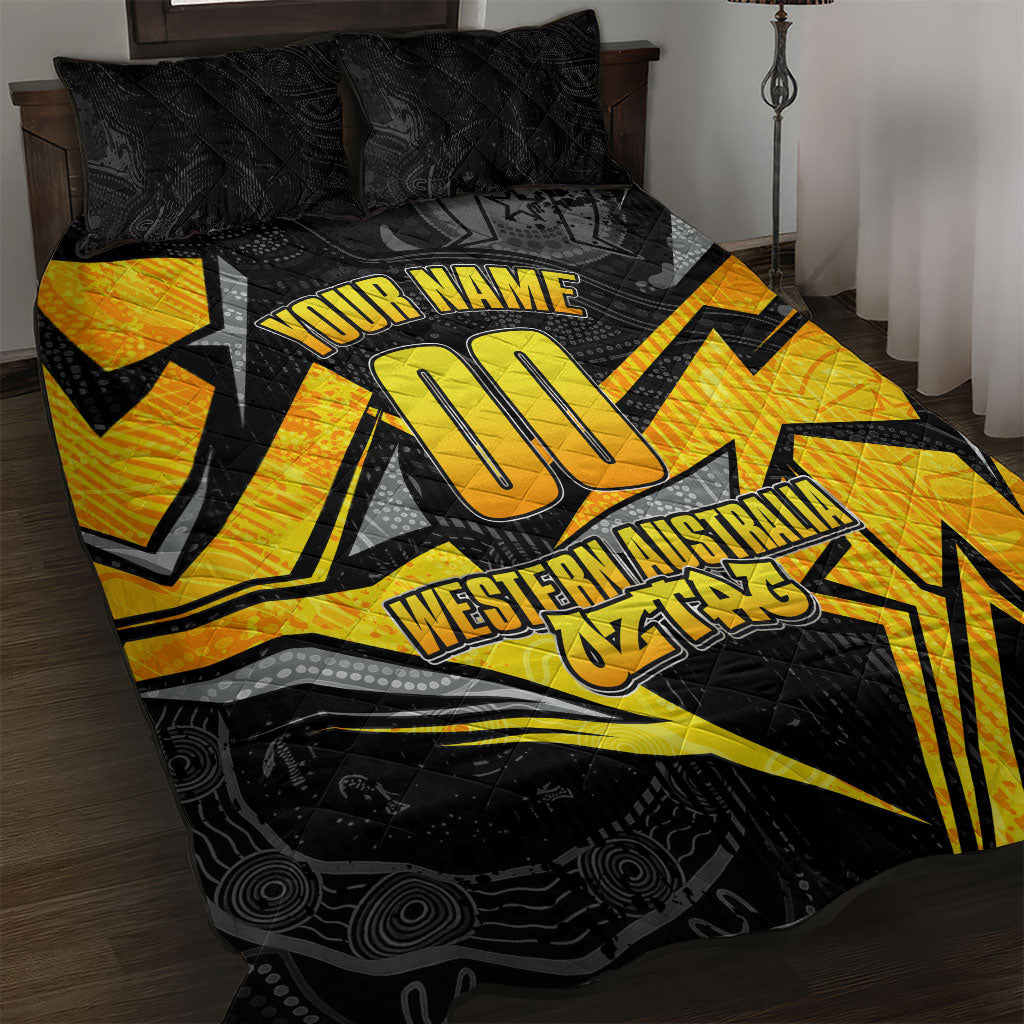 Personalised Western Australia Oztag Swan Quilt Bed Set Black Gold Geometric Swan Aboriginal