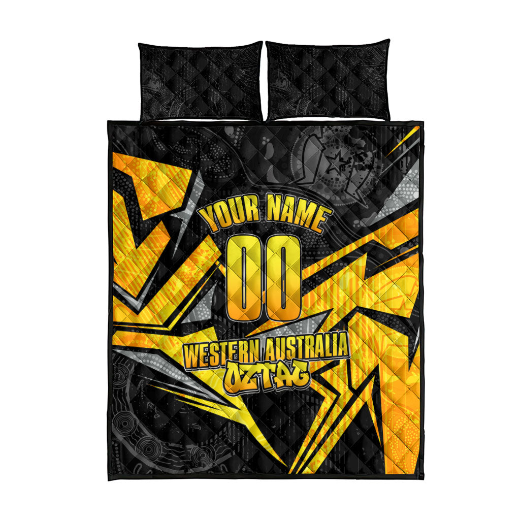 Personalised Western Australia Oztag Swan Quilt Bed Set Black Gold Geometric Swan Aboriginal