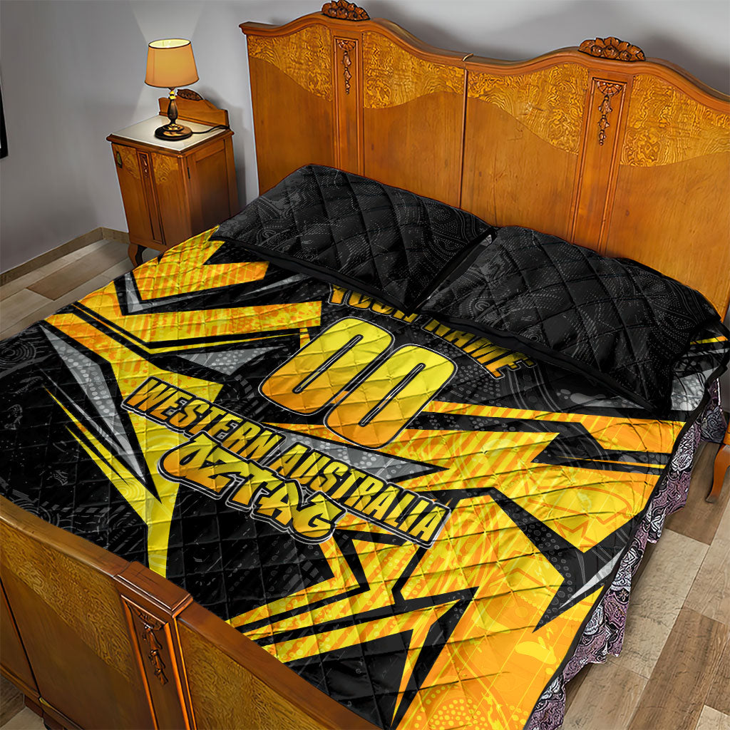 Personalised Western Australia Oztag Swan Quilt Bed Set Black Gold Geometric Swan Aboriginal