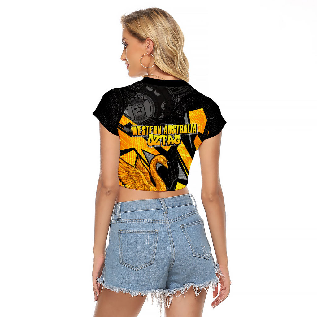 Personalised Western Australia Oztag Swan Raglan Cropped T Shirt Black Gold Geometric Swan Aboriginal