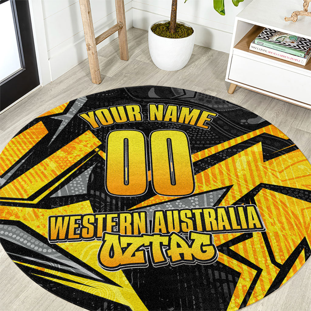 Personalised Western Australia Oztag Swan Round Carpet Black Gold Geometric Swan Aboriginal
