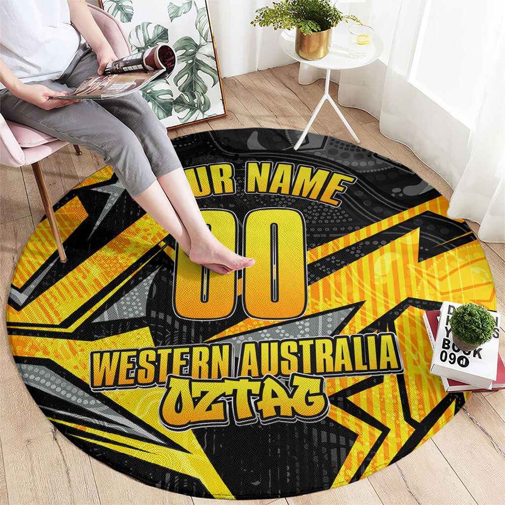 Personalised Western Australia Oztag Swan Round Carpet Black Gold Geometric Swan Aboriginal