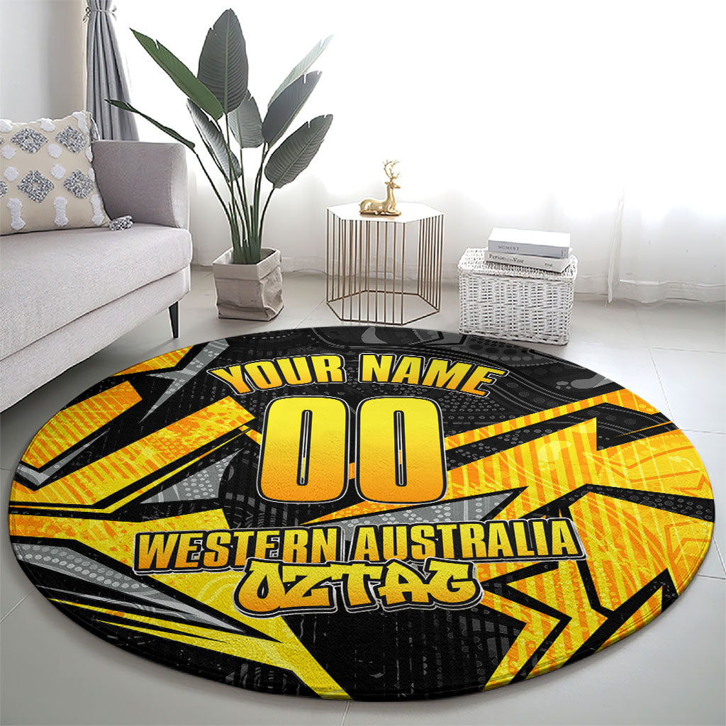 Personalised Western Australia Oztag Swan Round Carpet Black Gold Geometric Swan Aboriginal