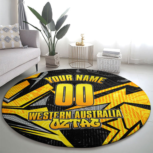Personalised Western Australia Oztag Swan Round Carpet Black Gold Geometric Swan Aboriginal