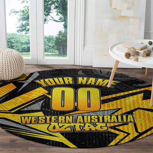 Personalised Western Australia Oztag Swan Round Carpet Black Gold Geometric Swan Aboriginal