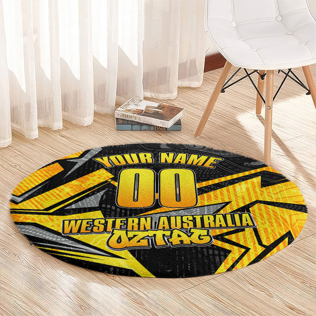 Personalised Western Australia Oztag Swan Round Carpet Black Gold Geometric Swan Aboriginal