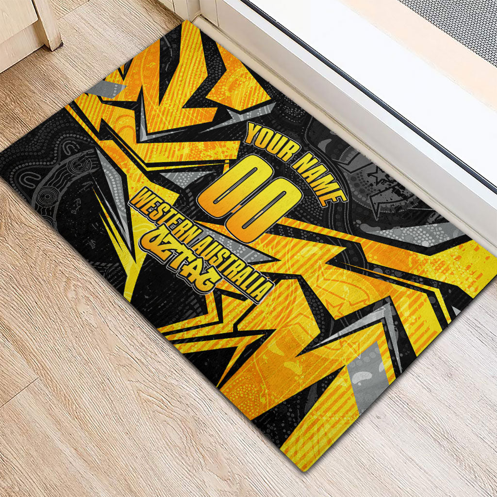 Personalised Western Australia Oztag Swan Rubber Doormat Black Gold Geometric Swan Aboriginal