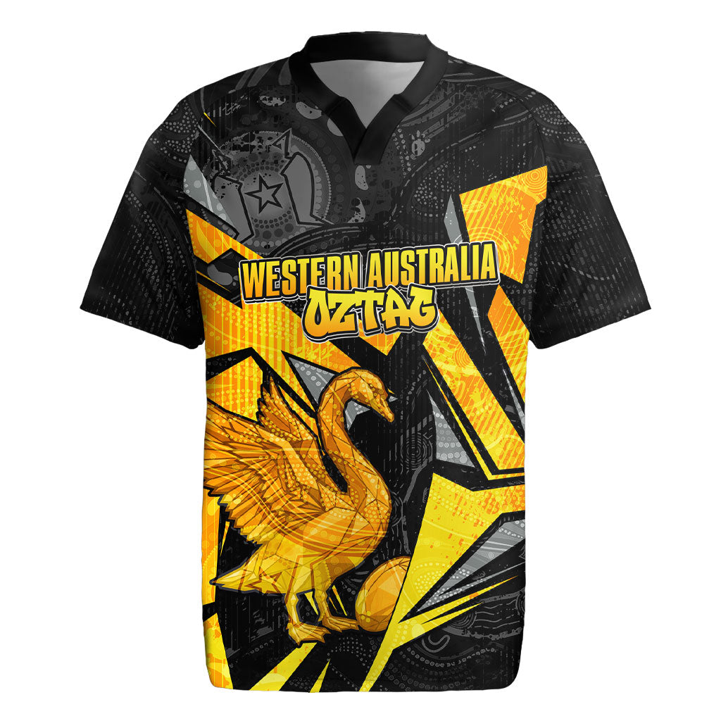 Personalised Western Australia Oztag Swan Rugby Jersey Black Gold Geometric Swan Aboriginal