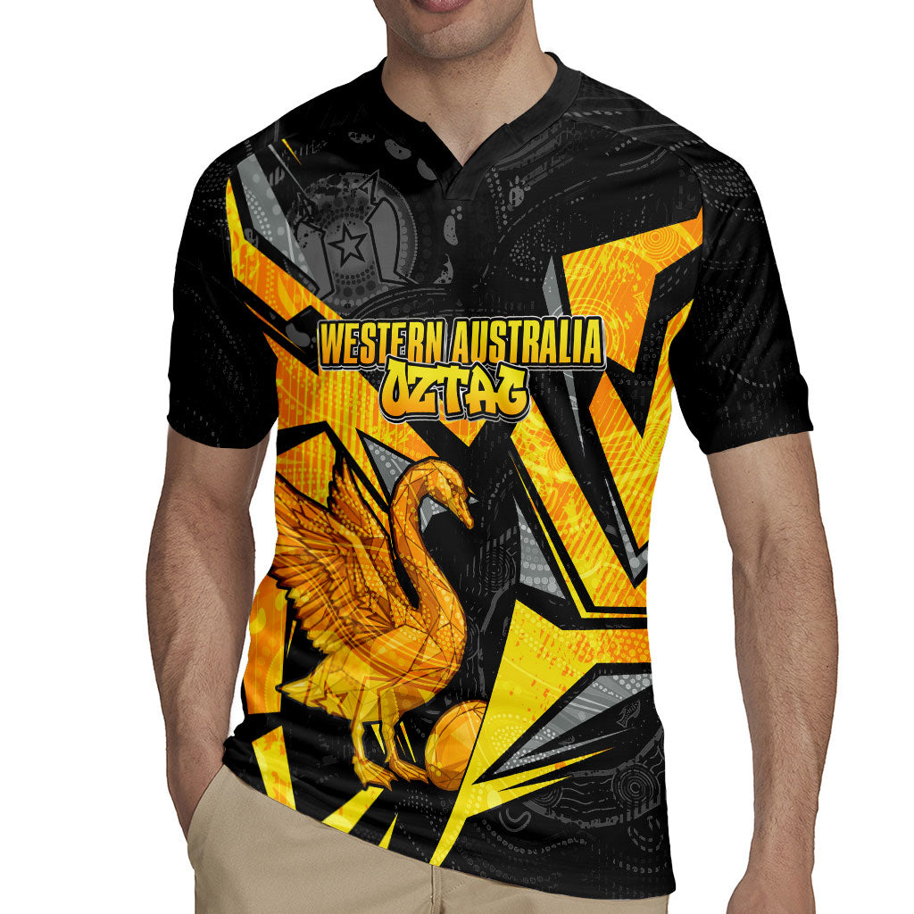 Personalised Western Australia Oztag Swan Rugby Jersey Black Gold Geometric Swan Aboriginal