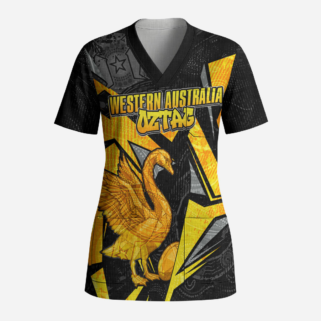 Personalised Western Australia Oztag Swan Scrub Top Black Gold Geometric Swan Aboriginal