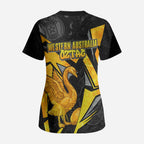 Personalised Western Australia Oztag Swan Scrub Top Black Gold Geometric Swan Aboriginal