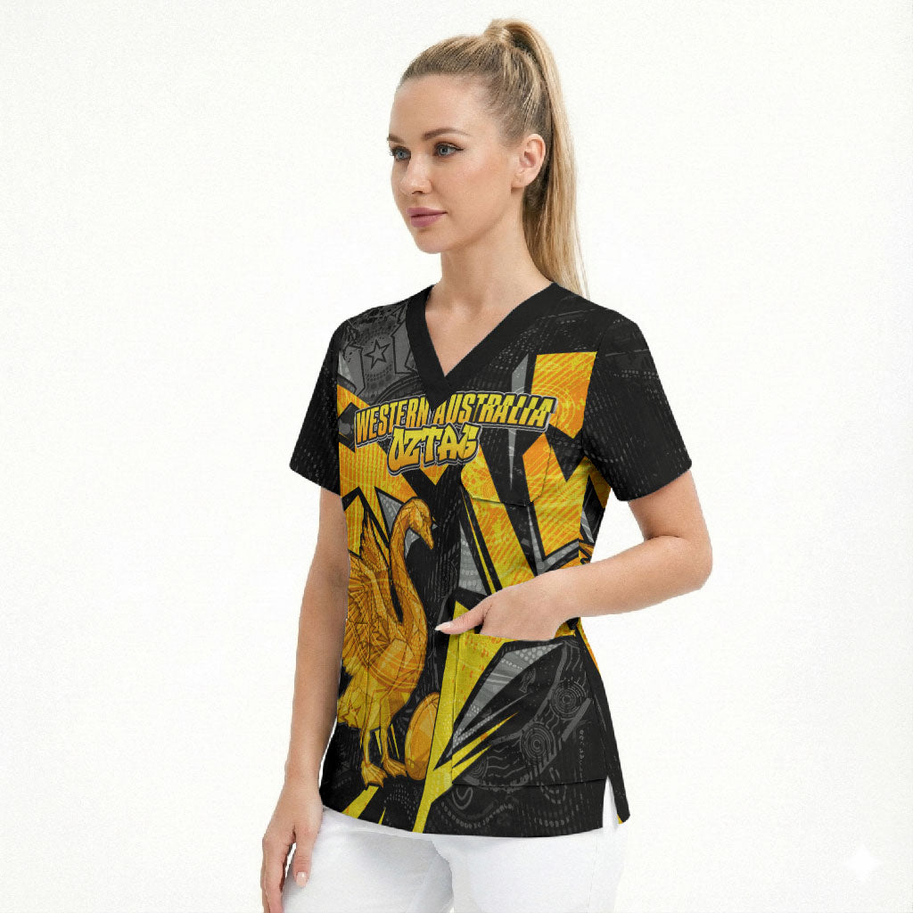 Personalised Western Australia Oztag Swan Scrub Top Black Gold Geometric Swan Aboriginal