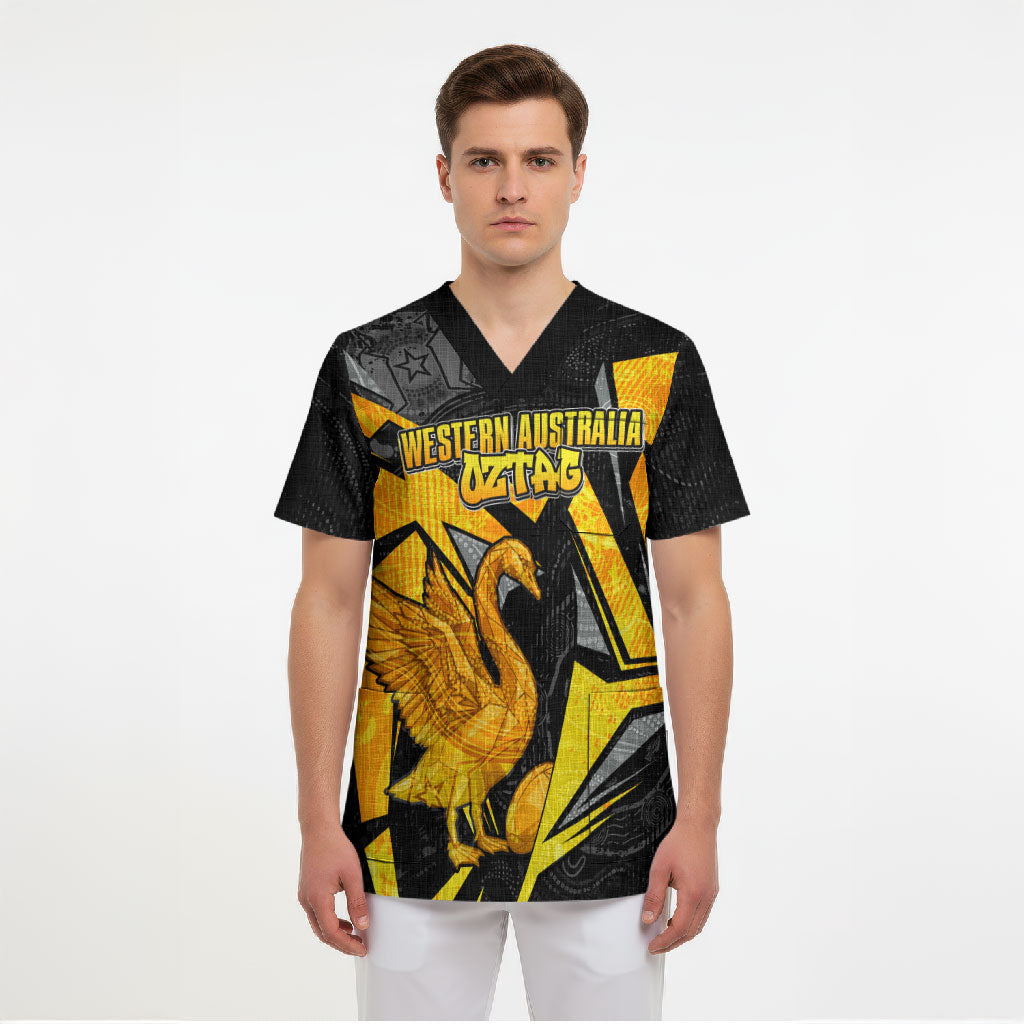 Personalised Western Australia Oztag Swan Scrub Top Black Gold Geometric Swan Aboriginal