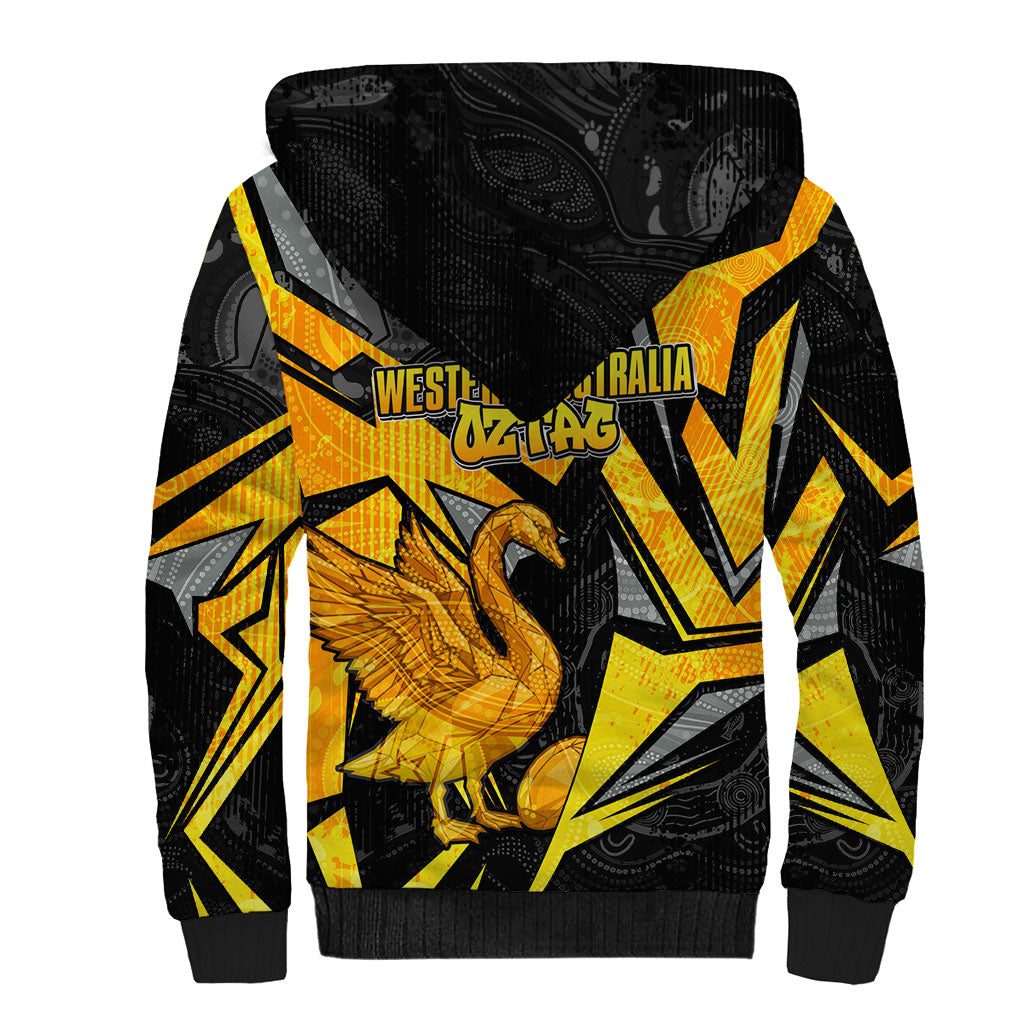 Personalised Western Australia Oztag Swan Sherpa Hoodie Black Gold Geometric Swan Aboriginal
