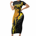 Personalised Western Australia Oztag Swan Short Sleeve Bodycon Dress Black Gold Geometric Swan Aboriginal