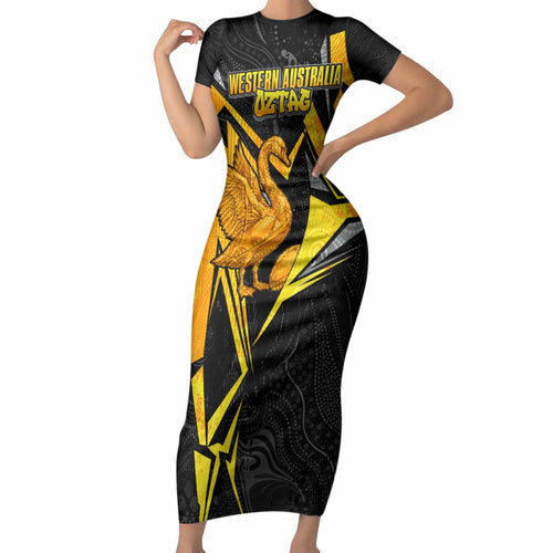 Personalised Western Australia Oztag Swan Short Sleeve Bodycon Dress Black Gold Geometric Swan Aboriginal