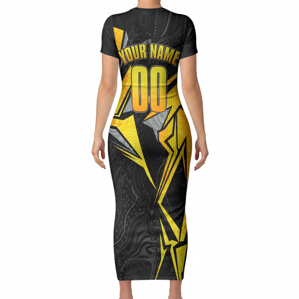 Personalised Western Australia Oztag Swan Short Sleeve Bodycon Dress Black Gold Geometric Swan Aboriginal
