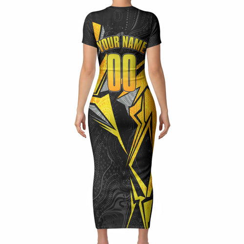 Personalised Western Australia Oztag Swan Short Sleeve Bodycon Dress Black Gold Geometric Swan Aboriginal