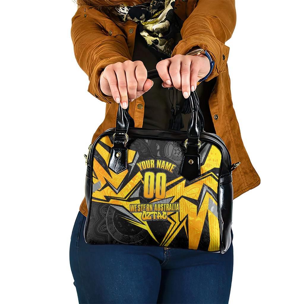 Personalised Western Australia Oztag Swan Shoulder Handbag Black Gold Geometric Swan Aboriginal