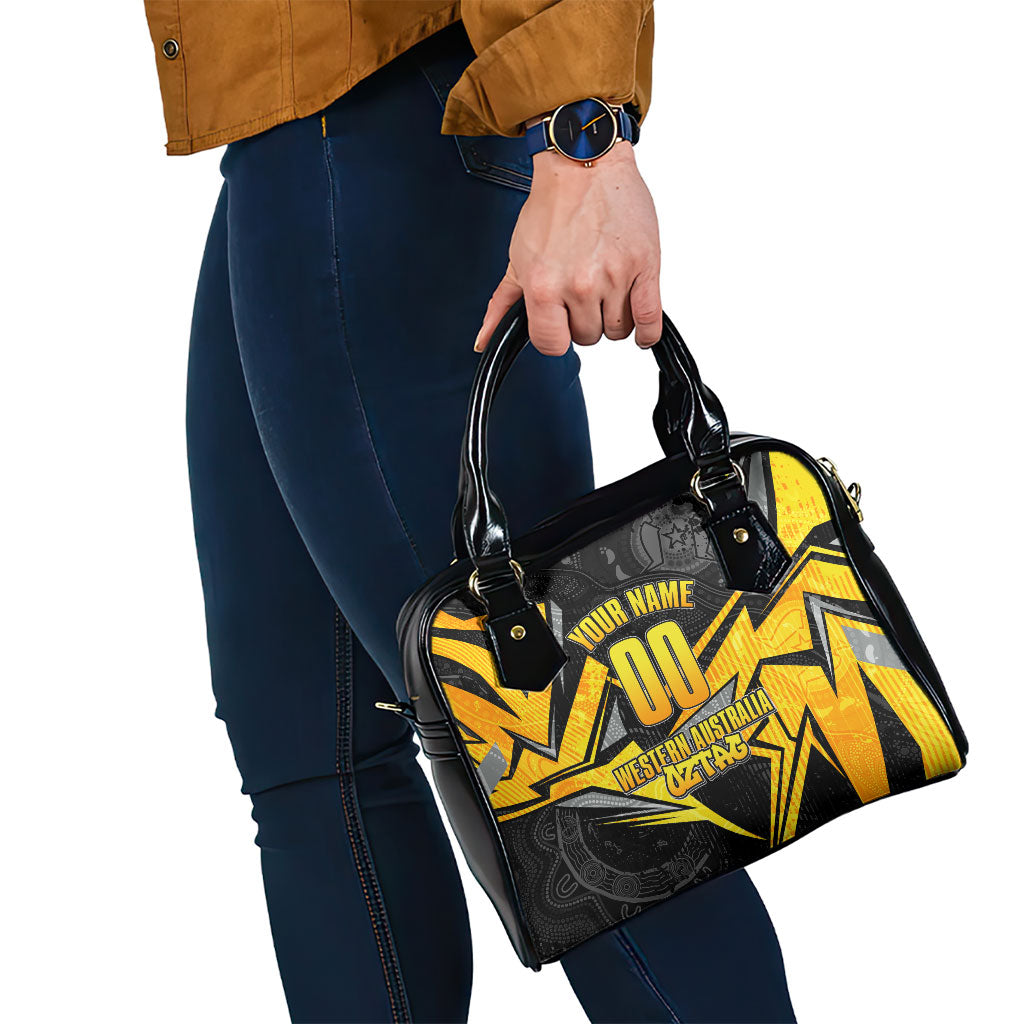 Personalised Western Australia Oztag Swan Shoulder Handbag Black Gold Geometric Swan Aboriginal