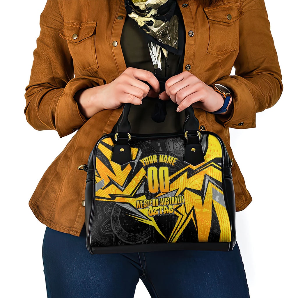 Personalised Western Australia Oztag Swan Shoulder Handbag Black Gold Geometric Swan Aboriginal