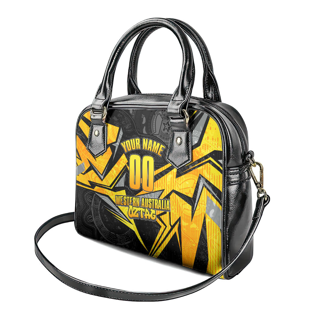 Personalised Western Australia Oztag Swan Shoulder Handbag Black Gold Geometric Swan Aboriginal