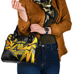 Personalised Western Australia Oztag Swan Shoulder Handbag Black Gold Geometric Swan Aboriginal