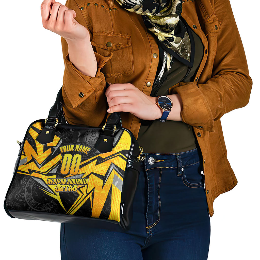 Personalised Western Australia Oztag Swan Shoulder Handbag Black Gold Geometric Swan Aboriginal