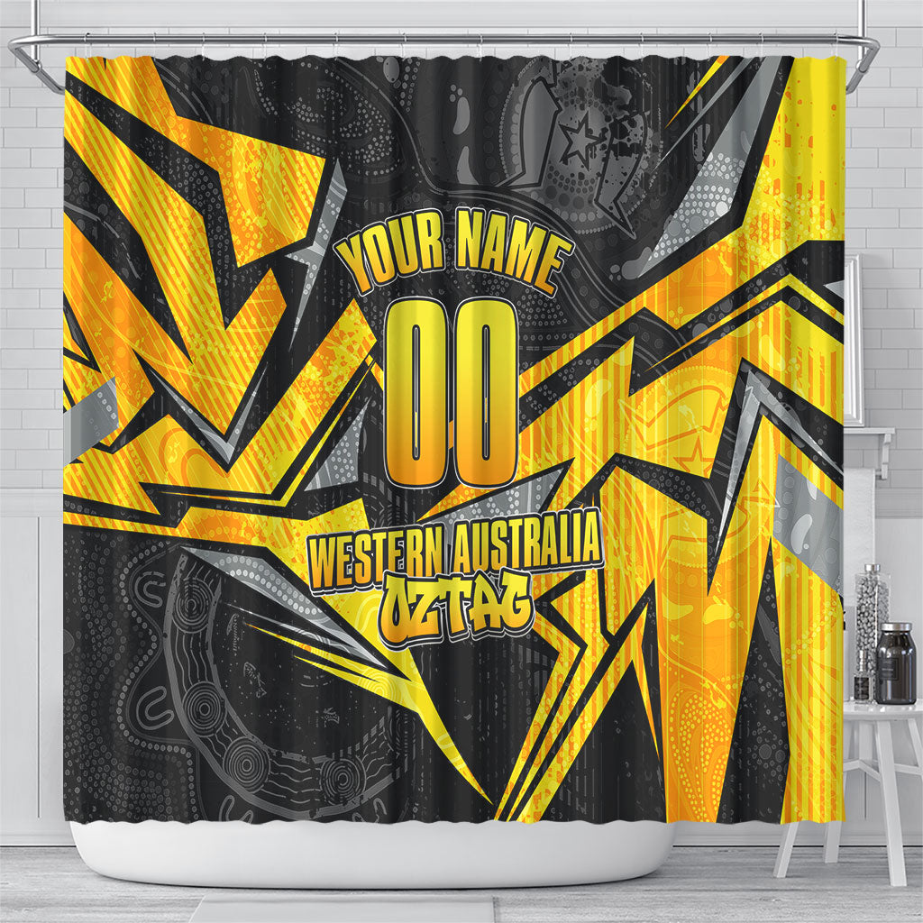 Personalised Western Australia Oztag Swan Shower Curtain Black Gold Geometric Swan Aboriginal