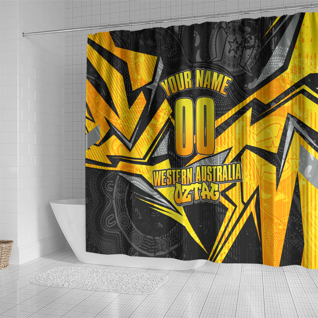 Personalised Western Australia Oztag Swan Shower Curtain Black Gold Geometric Swan Aboriginal