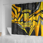 Personalised Western Australia Oztag Swan Shower Curtain Black Gold Geometric Swan Aboriginal