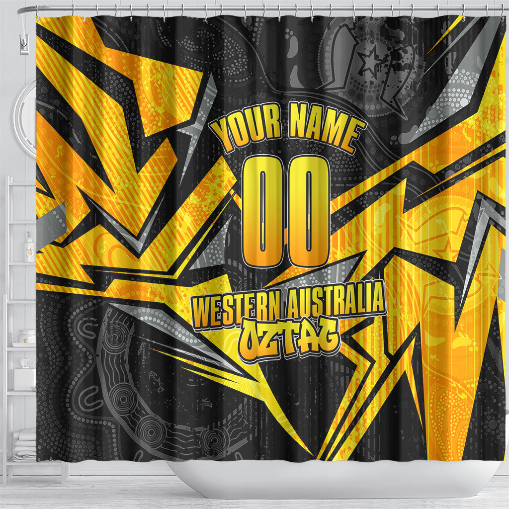 Personalised Western Australia Oztag Swan Shower Curtain Black Gold Geometric Swan Aboriginal