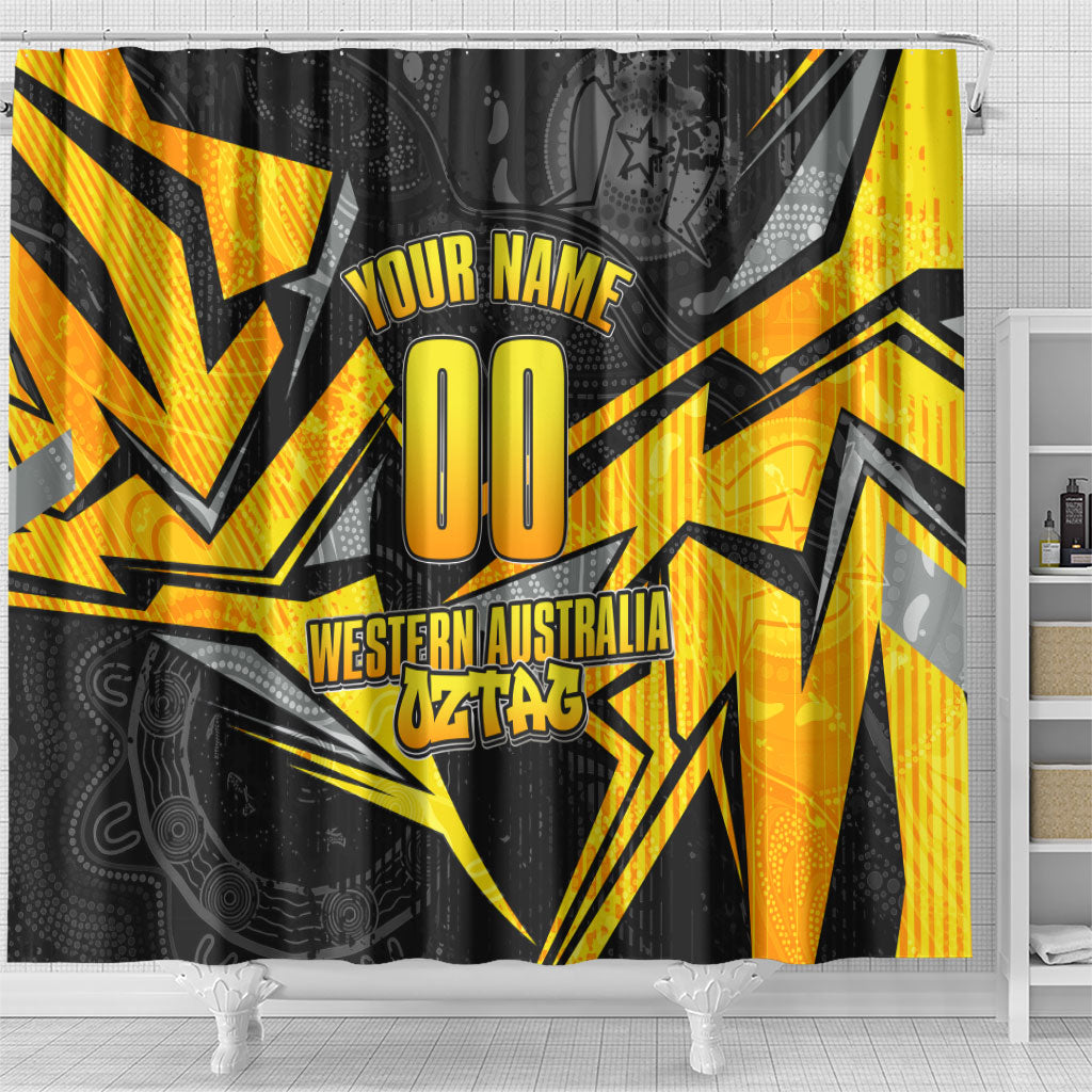 Personalised Western Australia Oztag Swan Shower Curtain Black Gold Geometric Swan Aboriginal