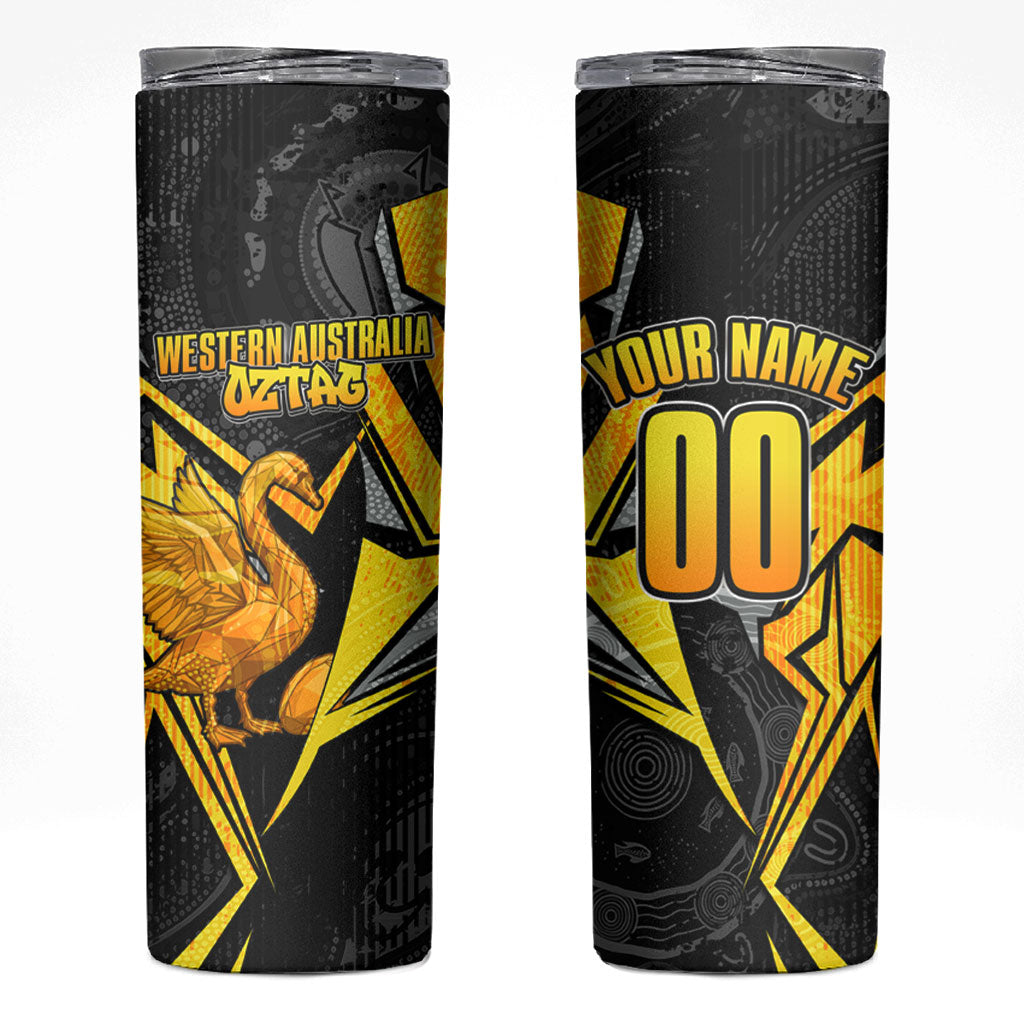 Personalised Western Australia Oztag Swan Skinny Tumbler Black Gold Geometric Swan Aboriginal