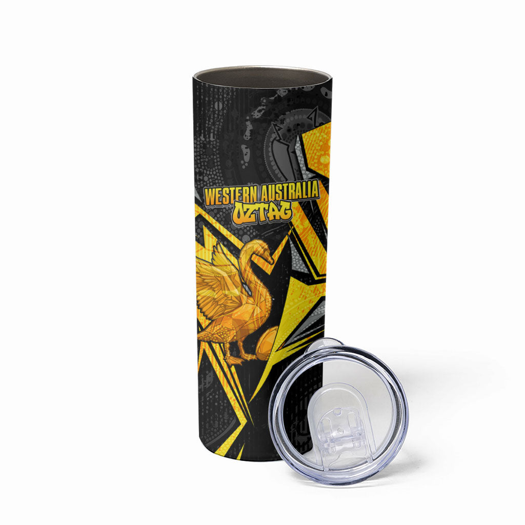 Personalised Western Australia Oztag Swan Skinny Tumbler Black Gold Geometric Swan Aboriginal
