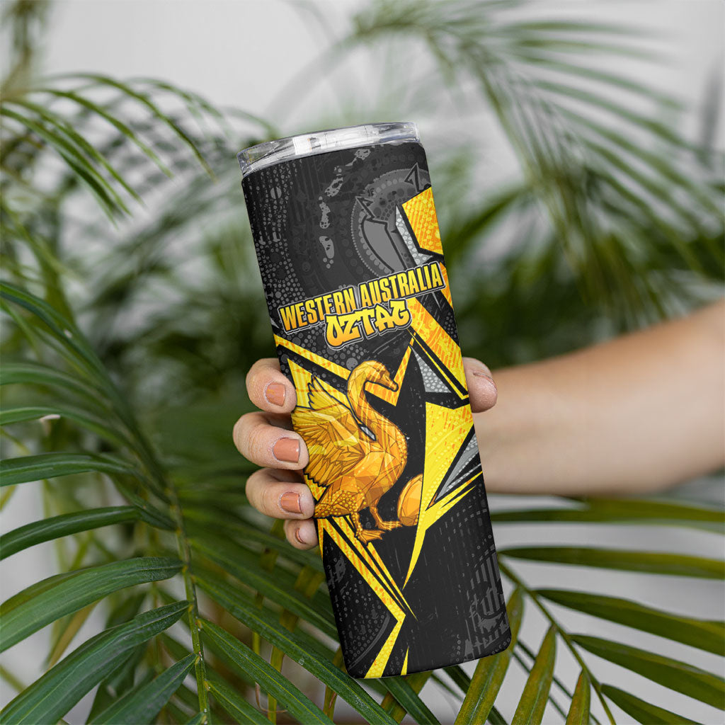 Personalised Western Australia Oztag Swan Skinny Tumbler Black Gold Geometric Swan Aboriginal
