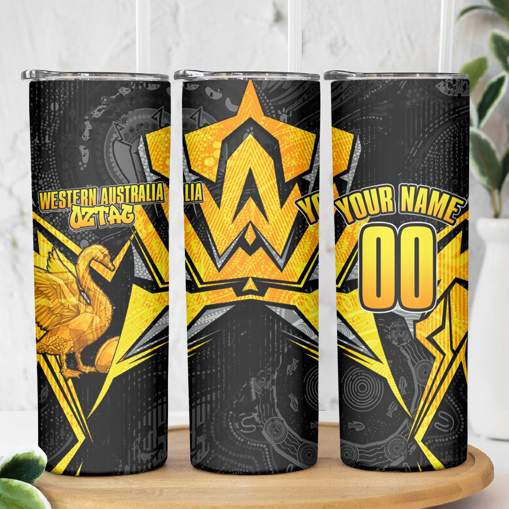 Personalised Western Australia Oztag Swan Skinny Tumbler Black Gold Geometric Swan Aboriginal