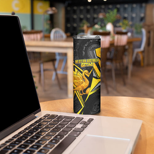 Personalised Western Australia Oztag Swan Skinny Tumbler Black Gold Geometric Swan Aboriginal