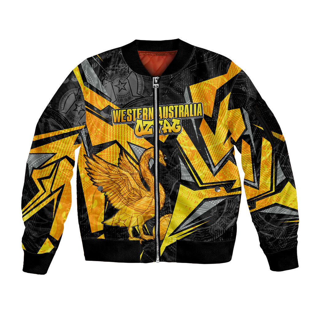 Personalised Western Australia Oztag Swan Sleeve Zip Bomber Jacket Black Gold Geometric Swan Aboriginal