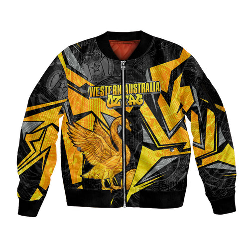Personalised Western Australia Oztag Swan Sleeve Zip Bomber Jacket Black Gold Geometric Swan Aboriginal