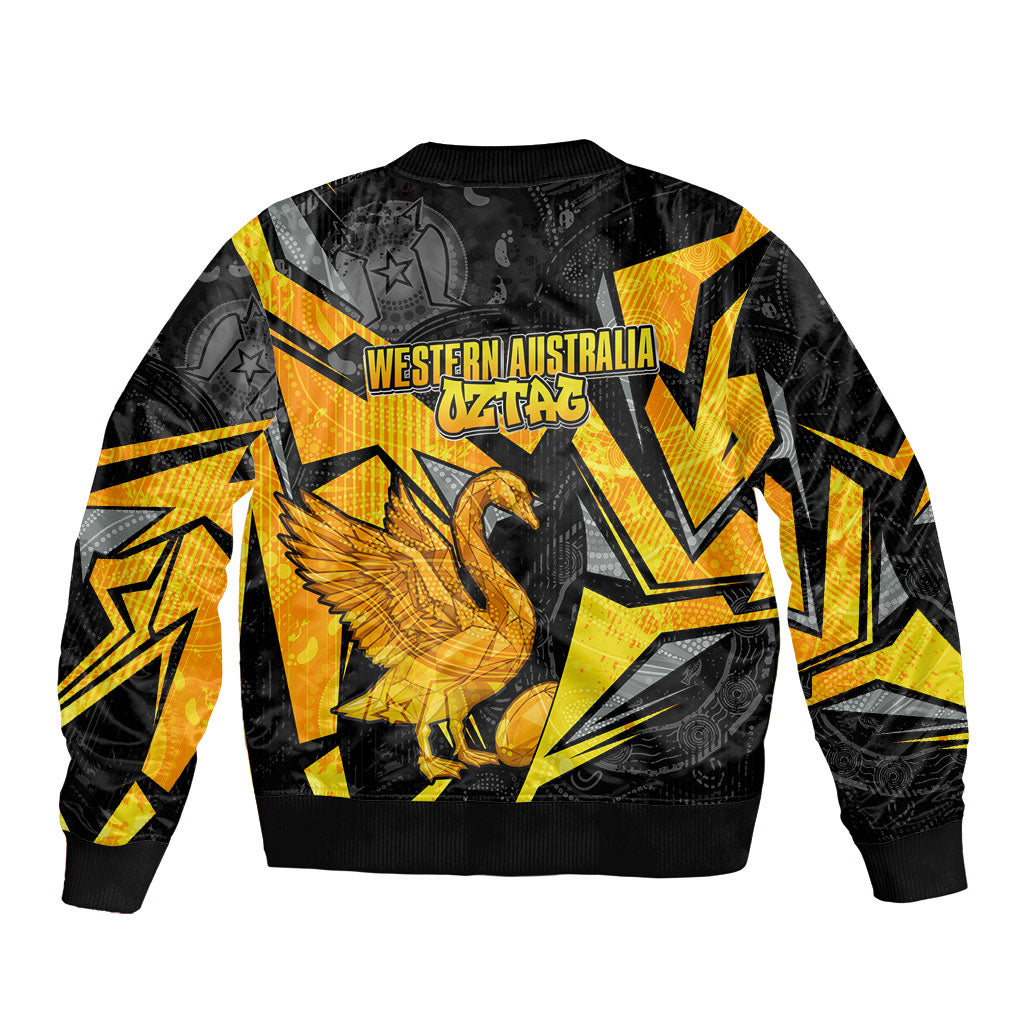 Personalised Western Australia Oztag Swan Sleeve Zip Bomber Jacket Black Gold Geometric Swan Aboriginal