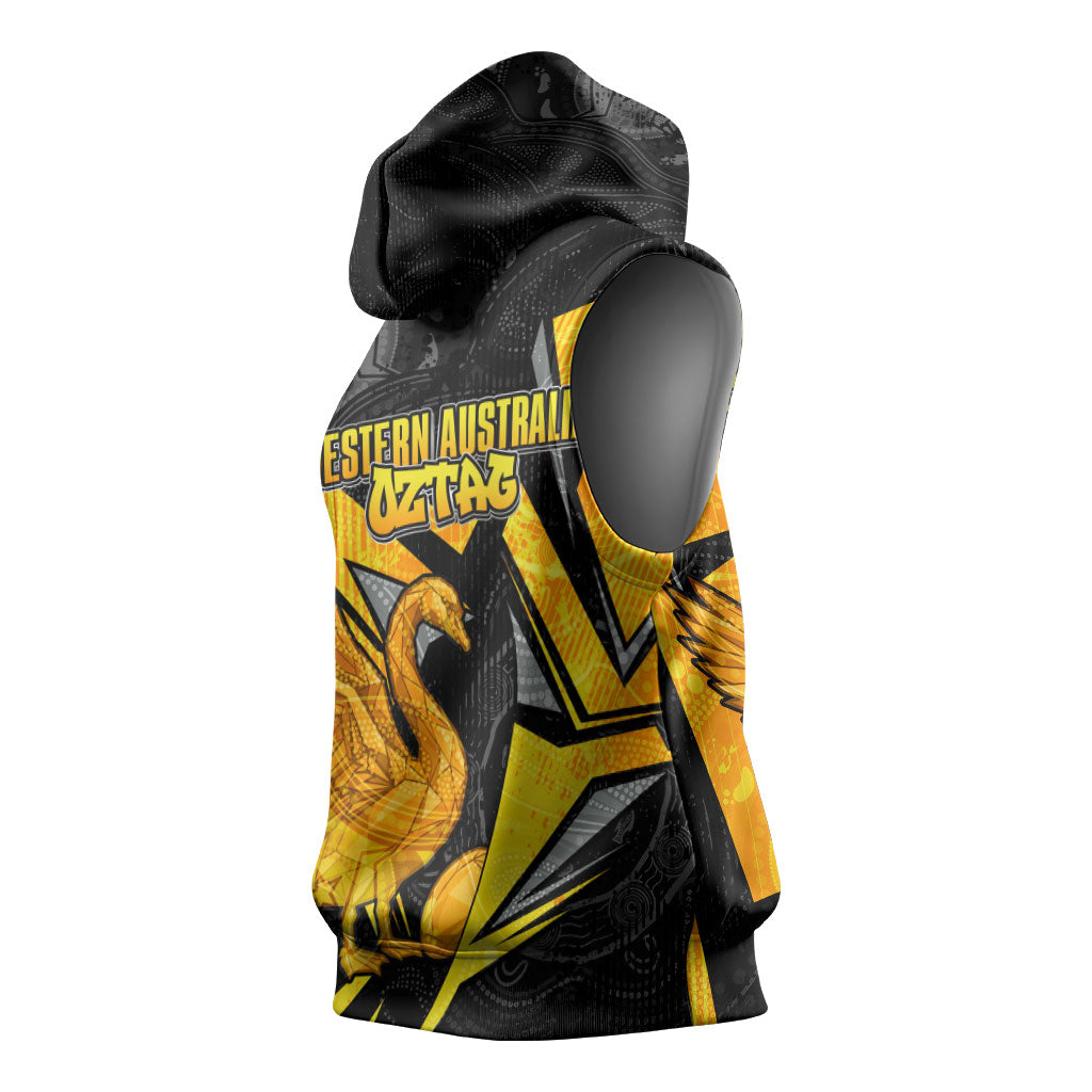 Personalised Western Australia Oztag Swan Sleeveless Hoodie Black Gold Geometric Swan Aboriginal