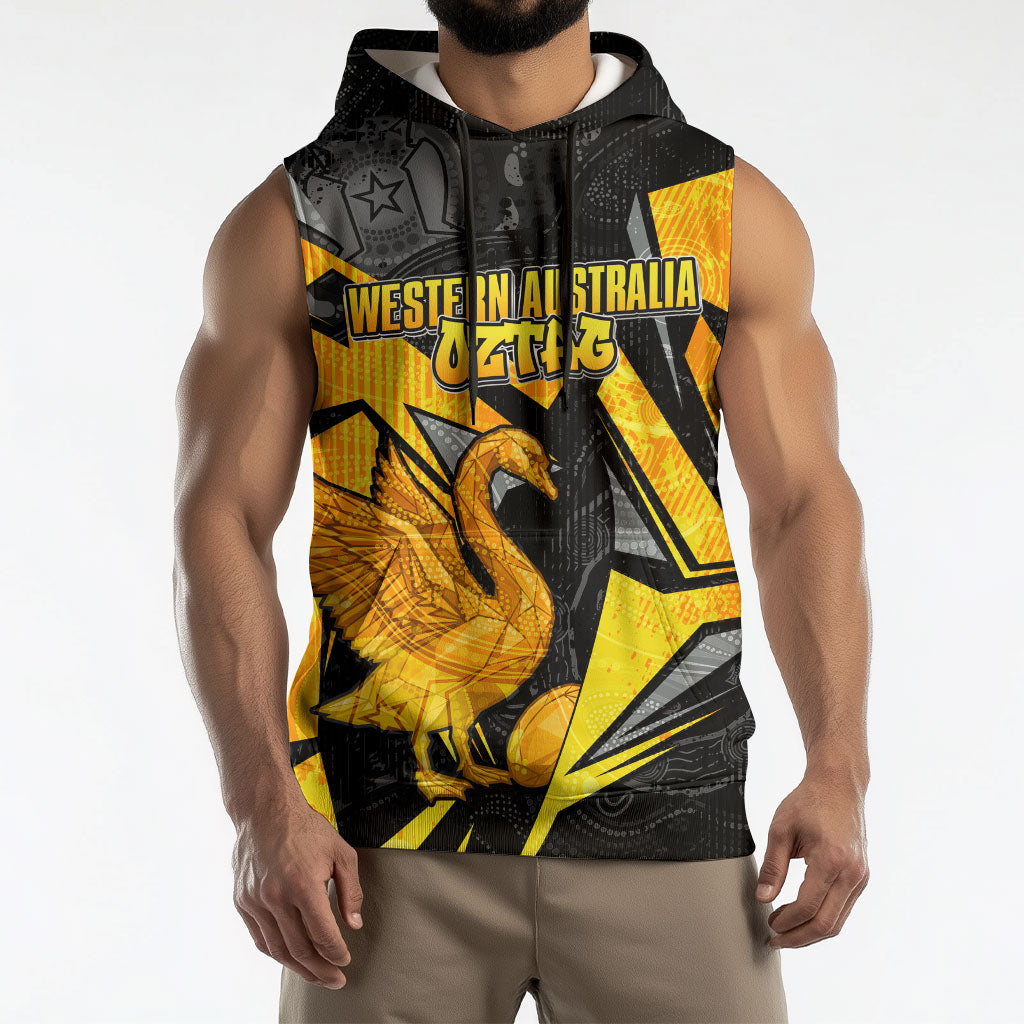 Personalised Western Australia Oztag Swan Sleeveless Hoodie Black Gold Geometric Swan Aboriginal