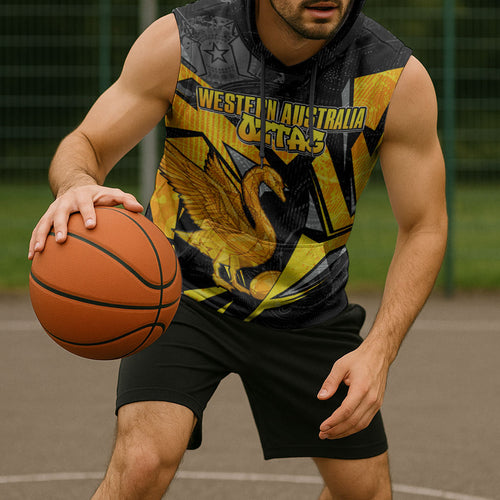 Personalised Western Australia Oztag Swan Sleeveless Hoodie Black Gold Geometric Swan Aboriginal