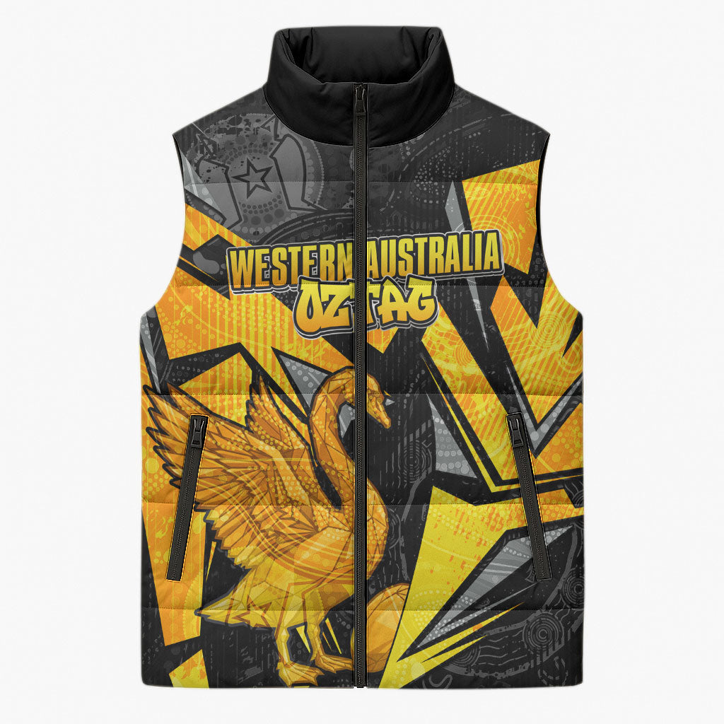 Personalised Western Australia Oztag Swan Sleeveless Puffer Jacket Black Gold Geometric Swan Aboriginal