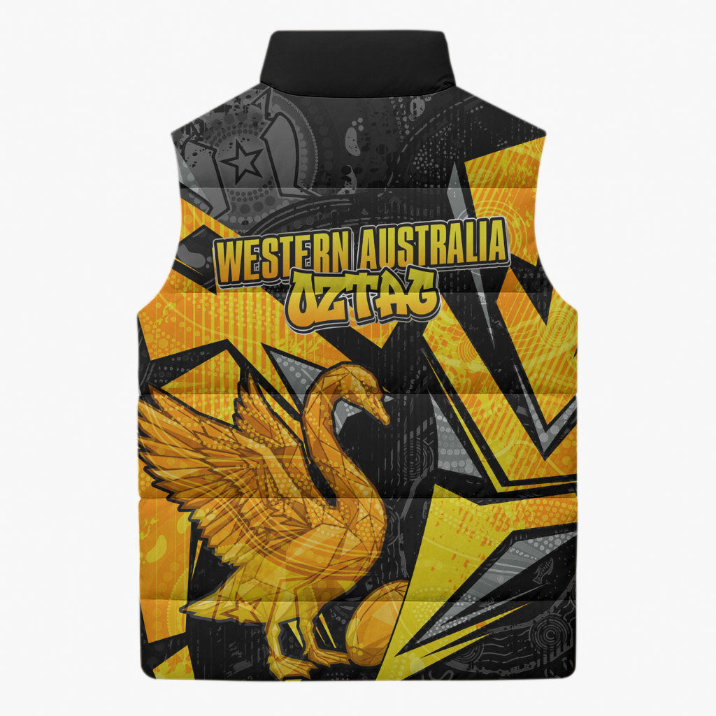 Personalised Western Australia Oztag Swan Sleeveless Puffer Jacket Black Gold Geometric Swan Aboriginal