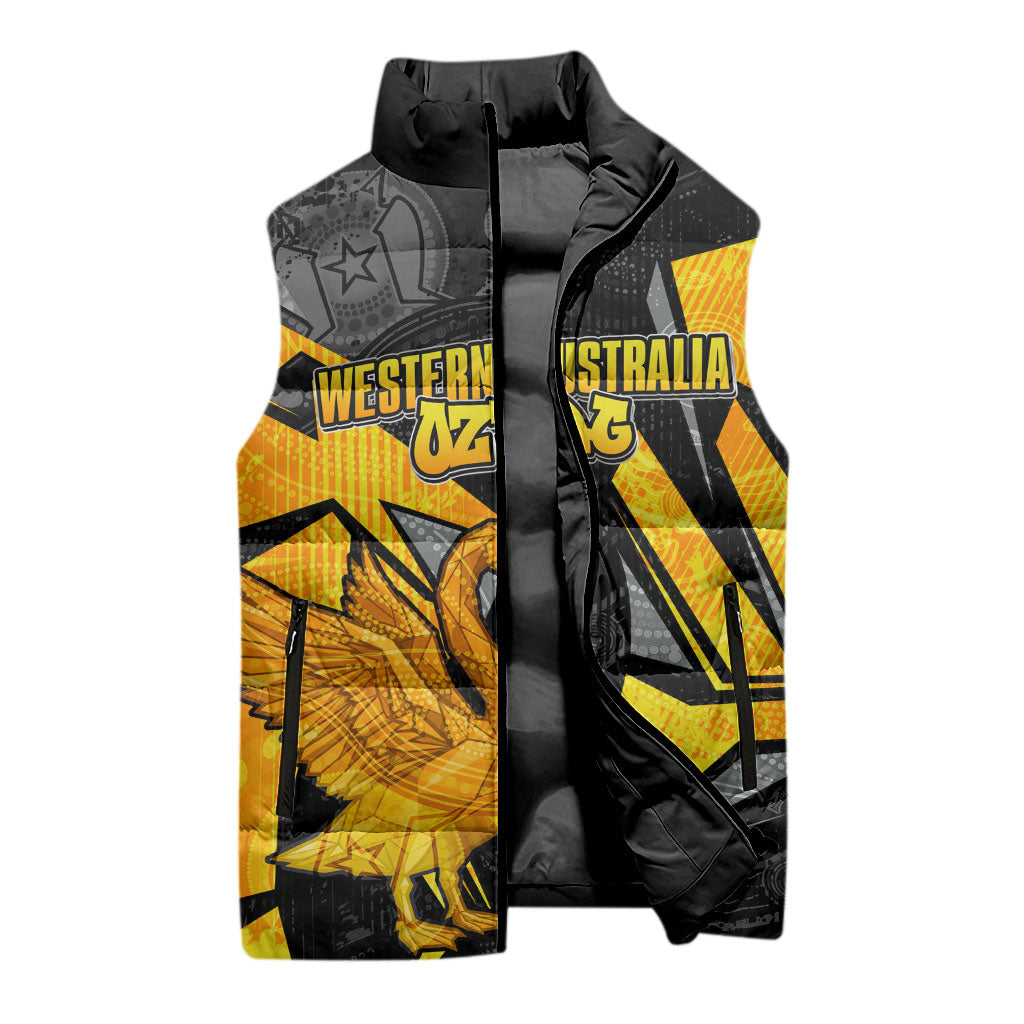Personalised Western Australia Oztag Swan Sleeveless Puffer Jacket Black Gold Geometric Swan Aboriginal