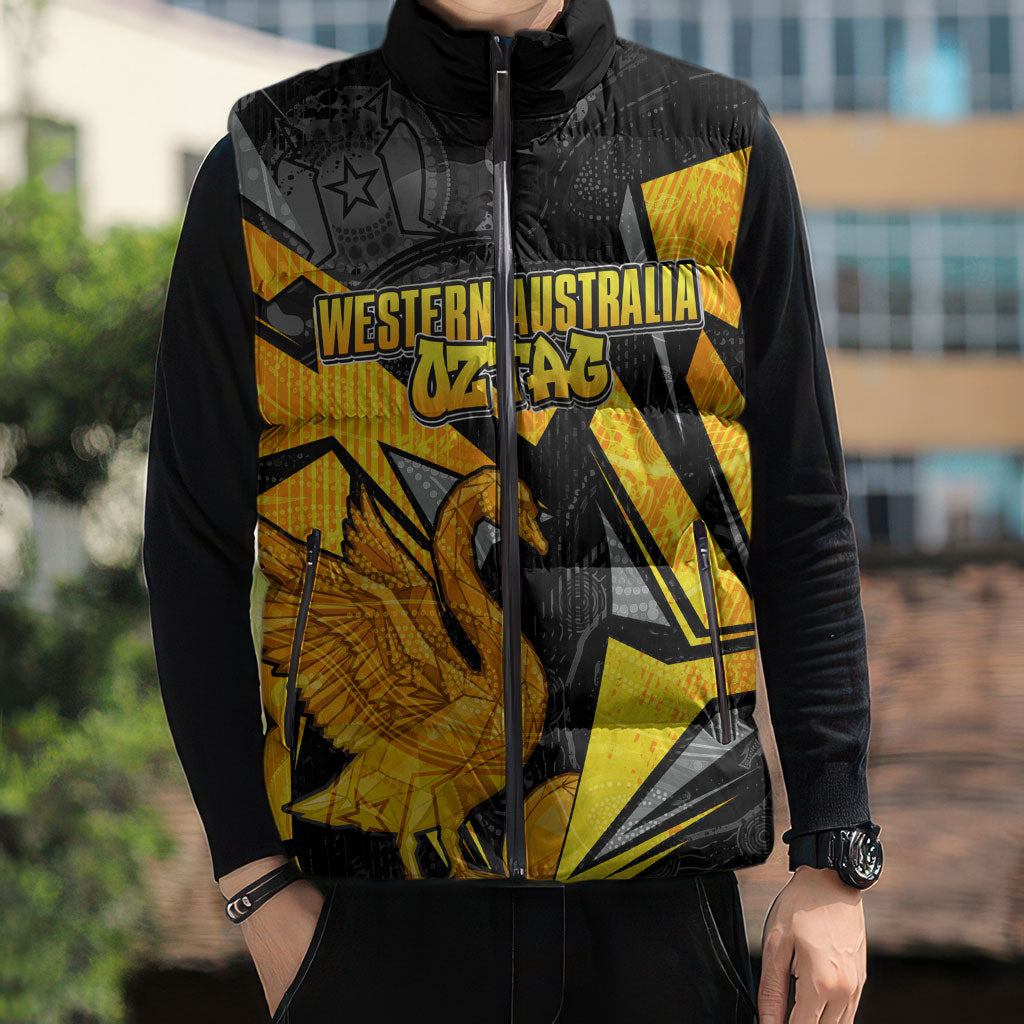 Personalised Western Australia Oztag Swan Sleeveless Puffer Jacket Black Gold Geometric Swan Aboriginal